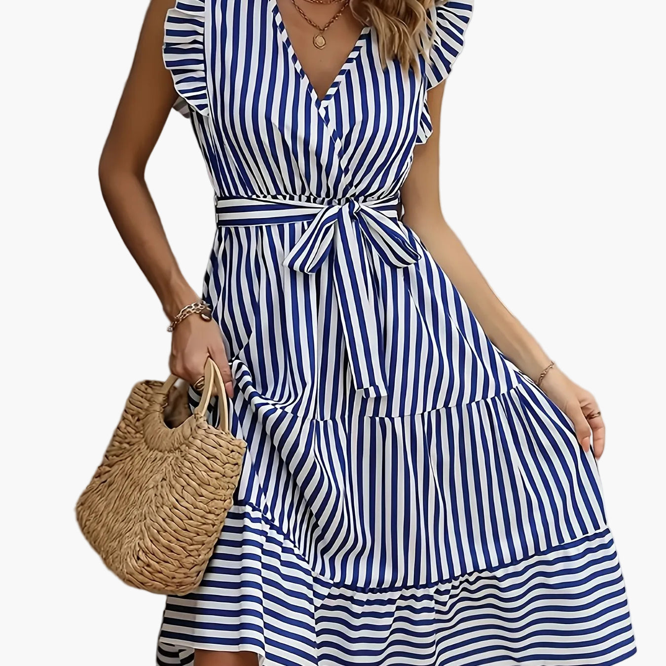 Robe d'été femme élégante rayée avec ceinture à la taille et manches à volants – Parfaite pour les loisirs et les vacances