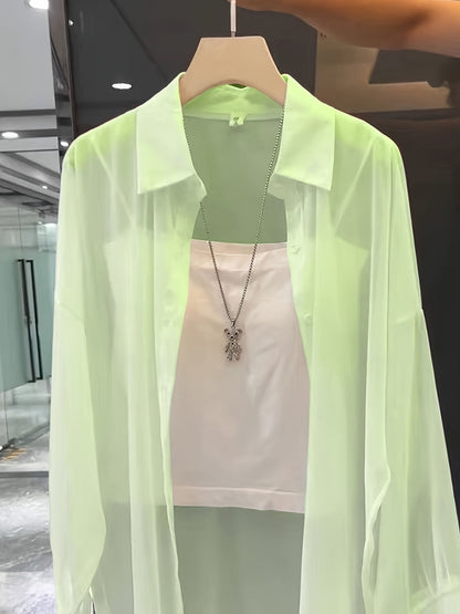 Damen Zweiteiliges Set – Transparentes Oversize-Hemd mit Bandeau Top, Modernes Layering-Outfit