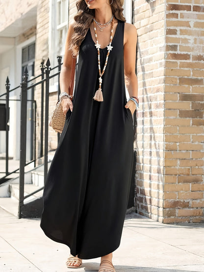 Mono ancho de mujer con escote en V y bolsillos – Mono veraniego casual para el día a día y vacaciones