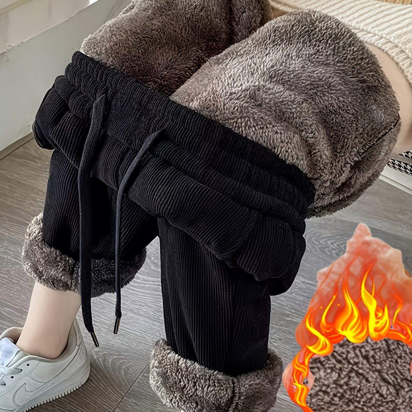 Pantaloni da jogging termici unisex in tessuto a coste nero con fodera in peluche