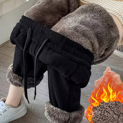 Pantaloni da jogging termici unisex in tessuto a coste nero con fodera in peluche