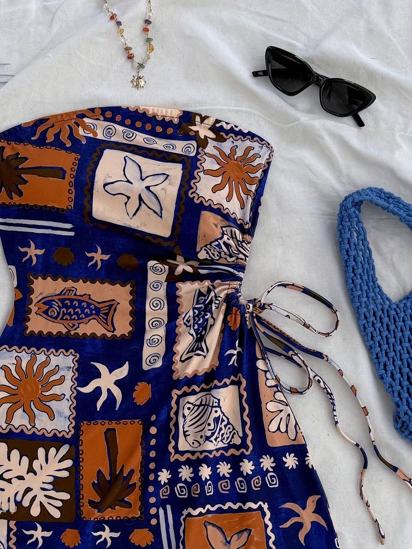 Damen Sommer Bandeau Mini Kleid mit Strandmotiv – Perfekt für Urlaub und Freizeit