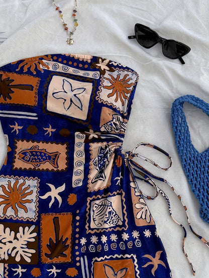 Damen Sommer Bandeau Mini Kleid mit Strandmotiv – Perfekt für Urlaub und Freizeit