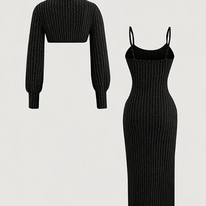 Damen Geripptes Midikleid mit Spaghettiträgern und Kurzpullover-Set