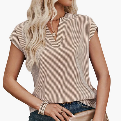 Damen Streifen Bluse Elegant V-Ausschnitt Freizeit Büro Kurzarm