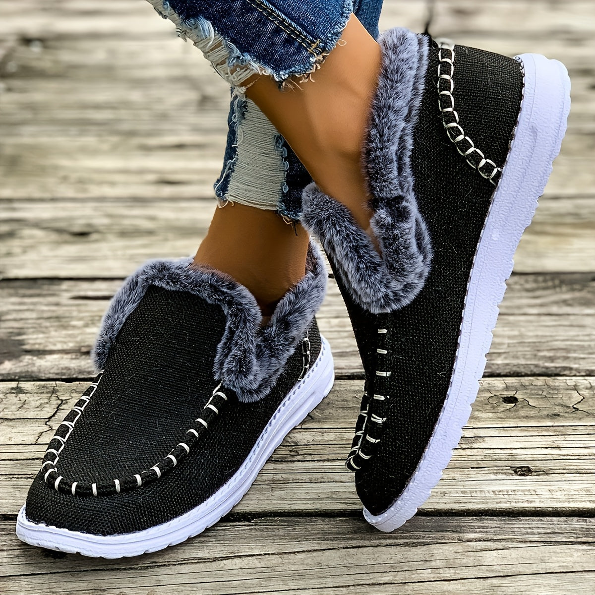 Damen gefütterte Mokassins Grün mit weißem Plüschrand Loafer