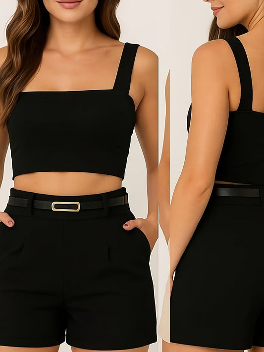 Dame Elegant Kort Top- og Shorts-sæt med Bælte – Stilfuldt Sommeroutfit til Fritid og Hverdag