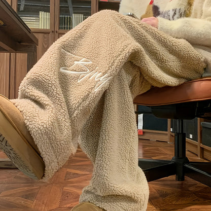 Weite Teddyfleece Hose für Damen, Plüschhose mit Stickerei, lockerer Schnitt
