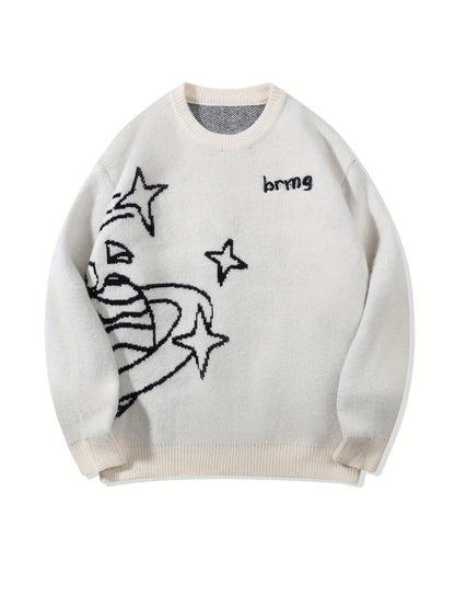 Unisex-striktrøje med stjerner og planetmotiv, rund hals