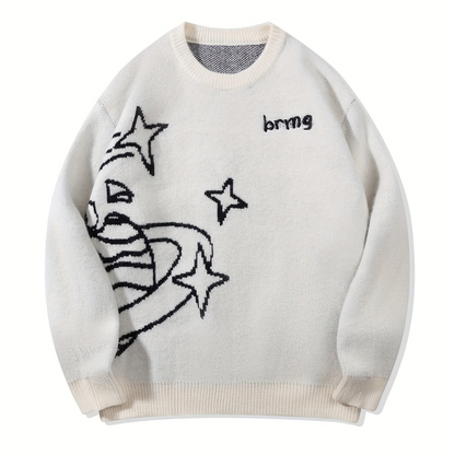 Unisex-striktrøje med stjerner og planetmotiv, rund hals