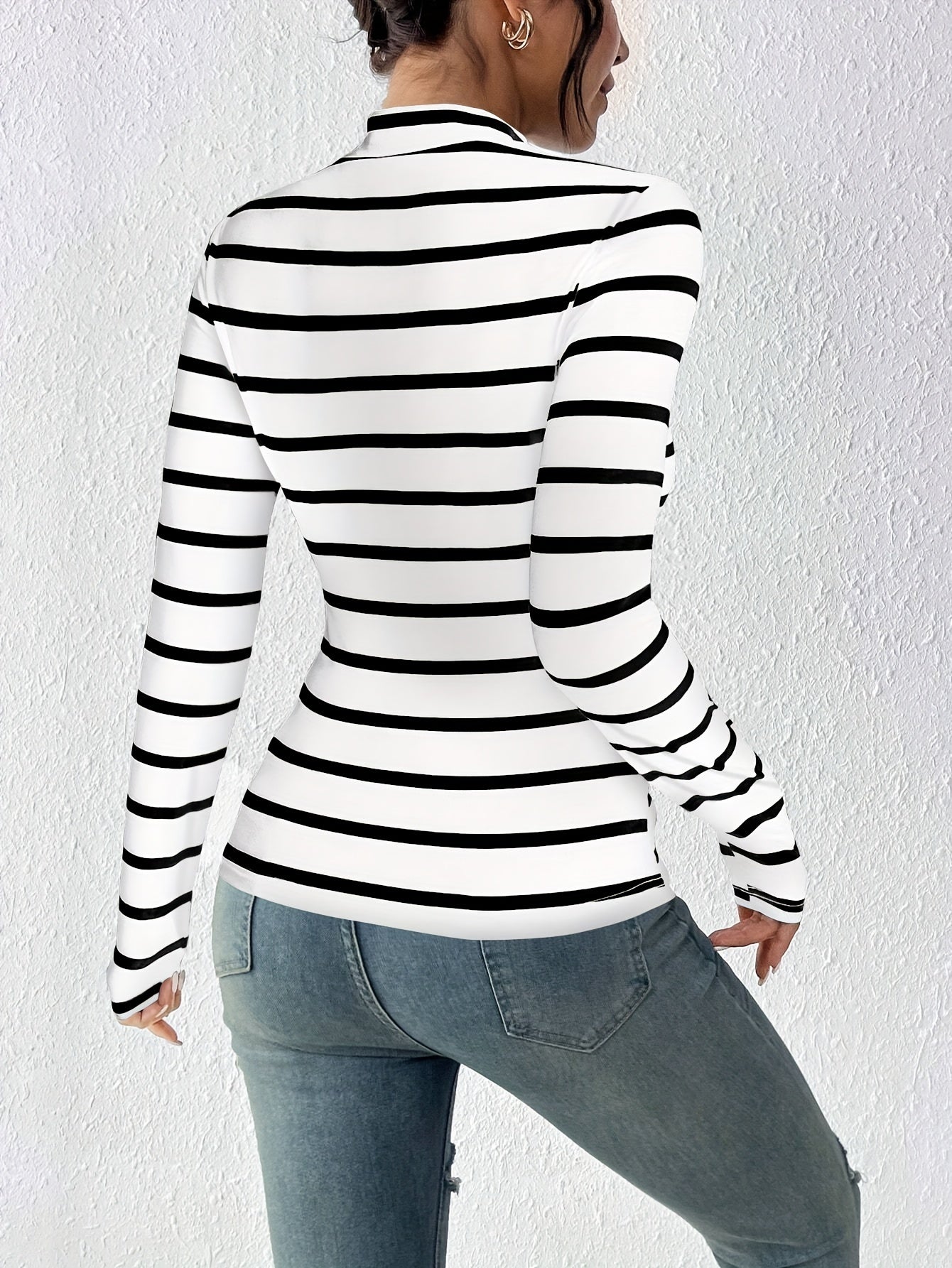 Damen Langarmshirt gestreift Rollkragen weiß-schwarz schmal geschnitten