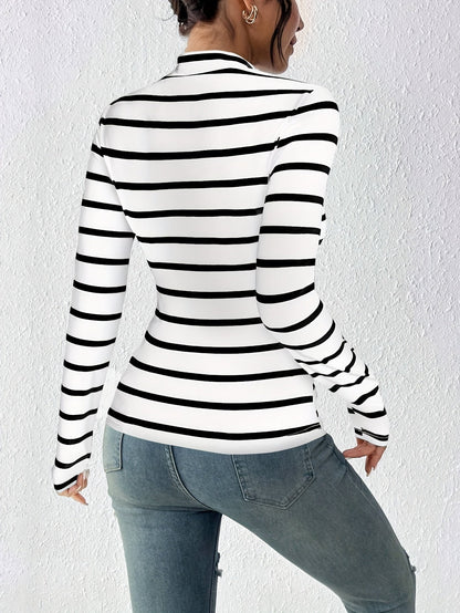 Damen Langarmshirt gestreift Rollkragen weiß-schwarz schmal geschnitten