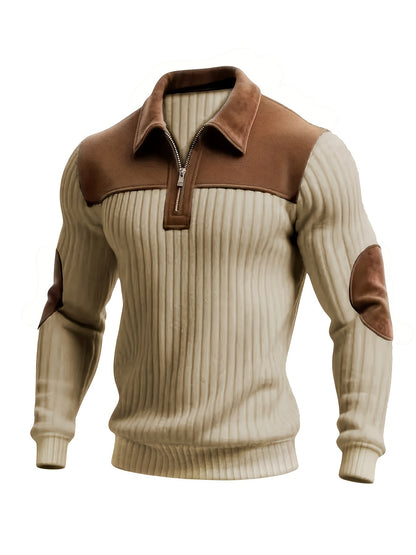 Herren Rippstrick Pullover mit Kragen, Reißverschluss und Patches