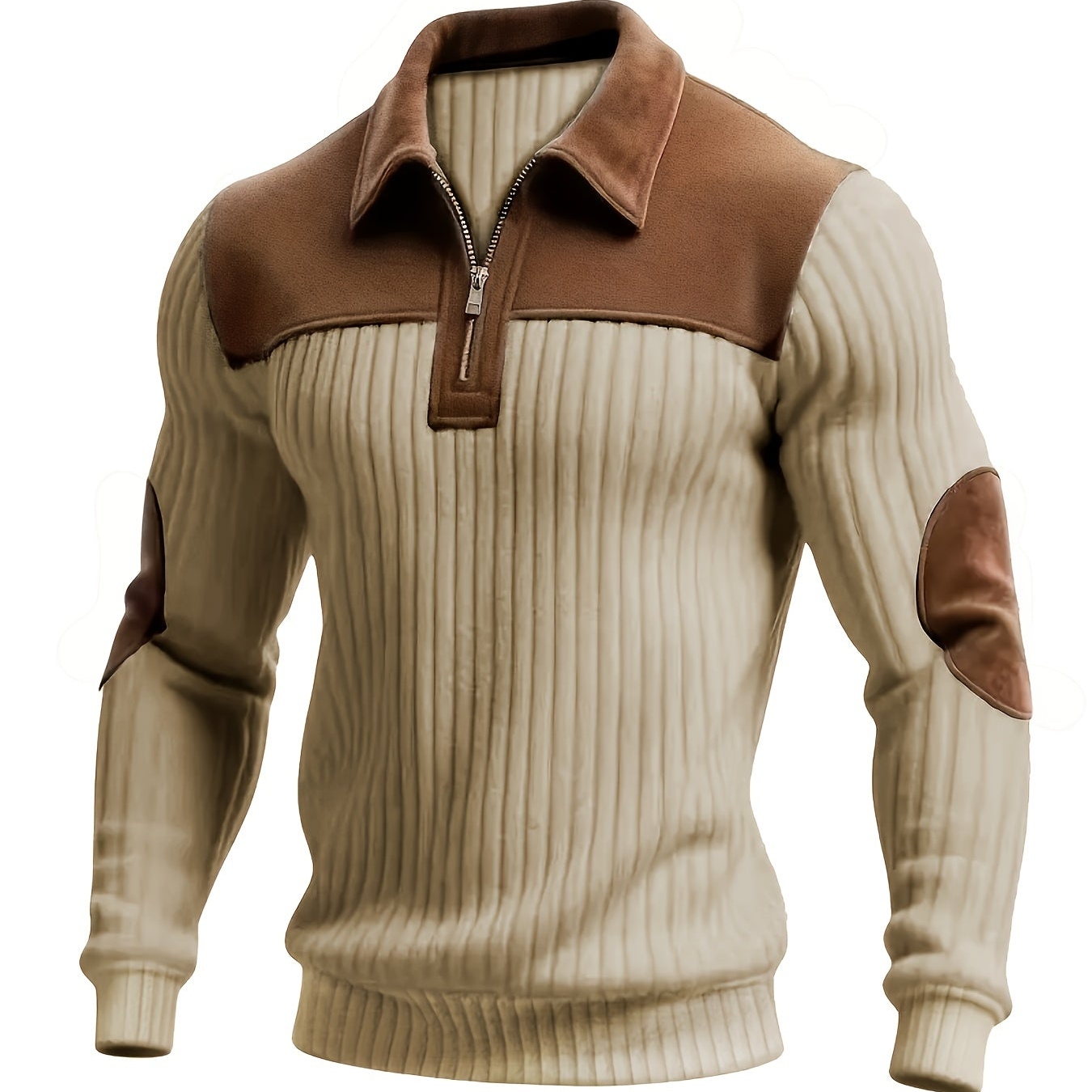 Herren Rippstrick Pullover mit Kragen, Reißverschluss und Patches