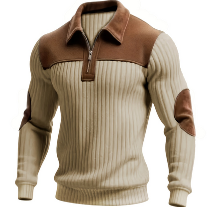 Herren Rippstrick Pullover mit Kragen, Reißverschluss und Patches