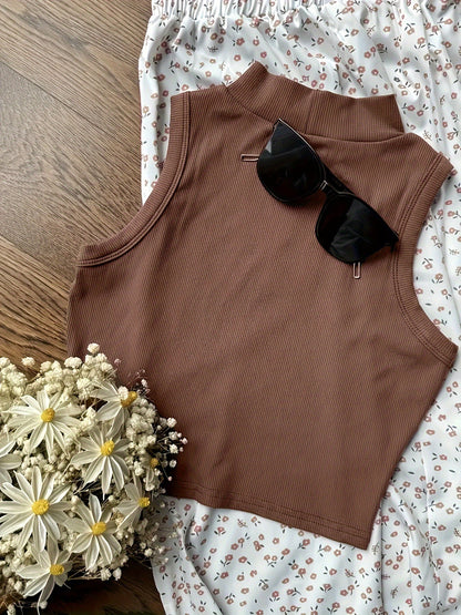 Top corto elegante senza maniche da donna con collo alto e gonna a fiori – Perfetto per primavera ed estate