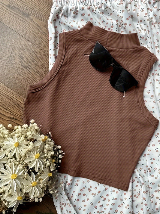 Dame Elegant Ærmeløs Crop Top med Høj Krave og Blomster Nederdel – Perfekt til Forår og Sommer