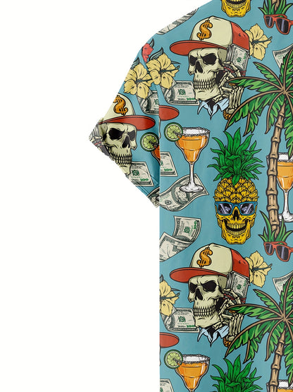 Herren Hawaiihemd mit Totenkopf, Palmen & Geld Print – Extravaganter Sommer- und Party-Look