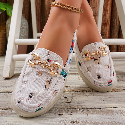 Chaussures décontractées slip-on pour femmes avec détail chaîne, style mocassin à la mode pour le quotidien et les loisirs