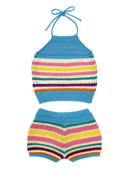 Dame Y2K strikkesett med halterneck og fargerike striper – moteriktig sommerantrekk