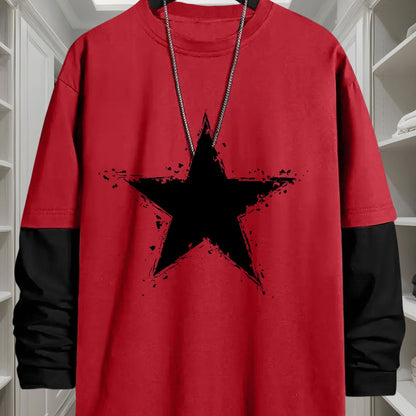 Herre-langærmet T-shirt med to-lagslook, stjerneprint og rund hals