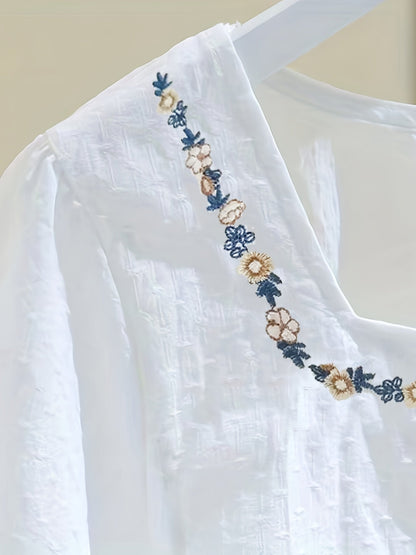 Damen Bluse mit Stickerei und quadratischem Ausschnitt – Eleganter Sommer-Look, Freizeit & Alltag