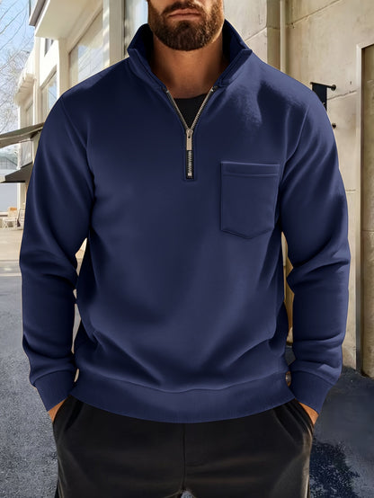 Heren-sweatshirt met halve ritssluiting, opstaande kraag en borstzak, donkergrijs