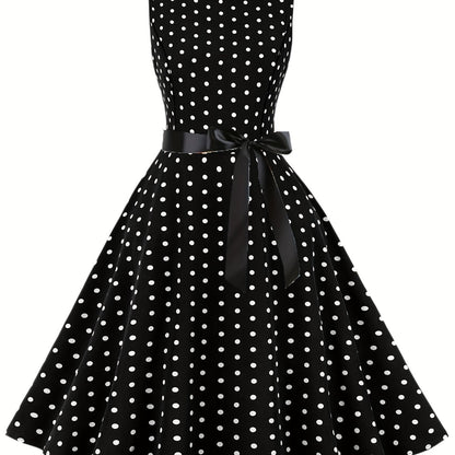 Damen Vintage Polka Dot Fit & Flare Partykleid mit Gürtel, ärmellos, Retro Sommerkleid