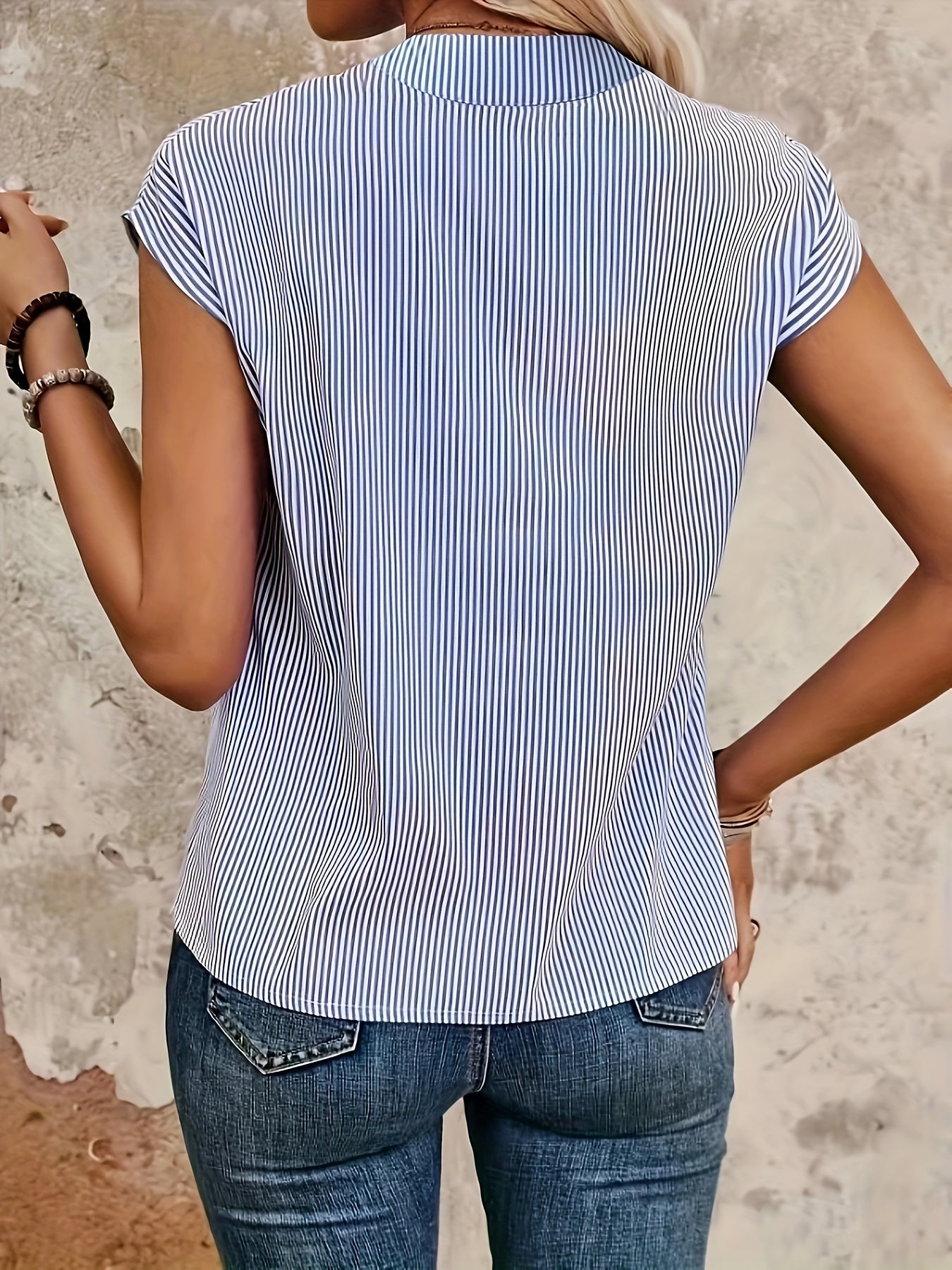 Damen Streifen Bluse Elegant V-Ausschnitt Freizeit Büro Kurzarm