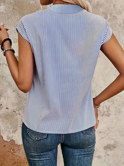 Damen Streifen Bluse Elegant V-Ausschnitt Freizeit Büro Kurzarm