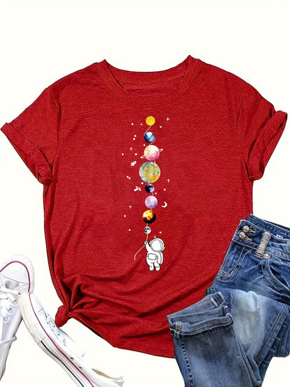 Damska koszulka z astronautą i planetami – casual, grafika, kosmiczny styl