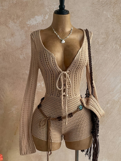 Mono bohemio de punto y crochet para mujer con cordones y escote pronunciado – Perfecto para vacaciones en la playa o eventos de verano
