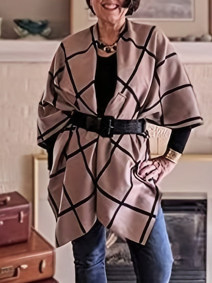 Poncho mit Karomuster und Bindegürtel, Beige Schwarz