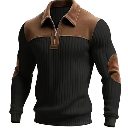Herren Rippstrick Pullover mit Kragen, Reißverschluss und Patches