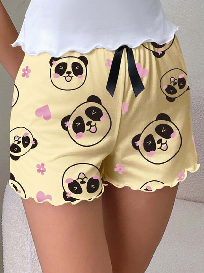 Dame sove-shorts med panda-mønster og sløjfe – Søde pyjamasshorts til forår og sommer
