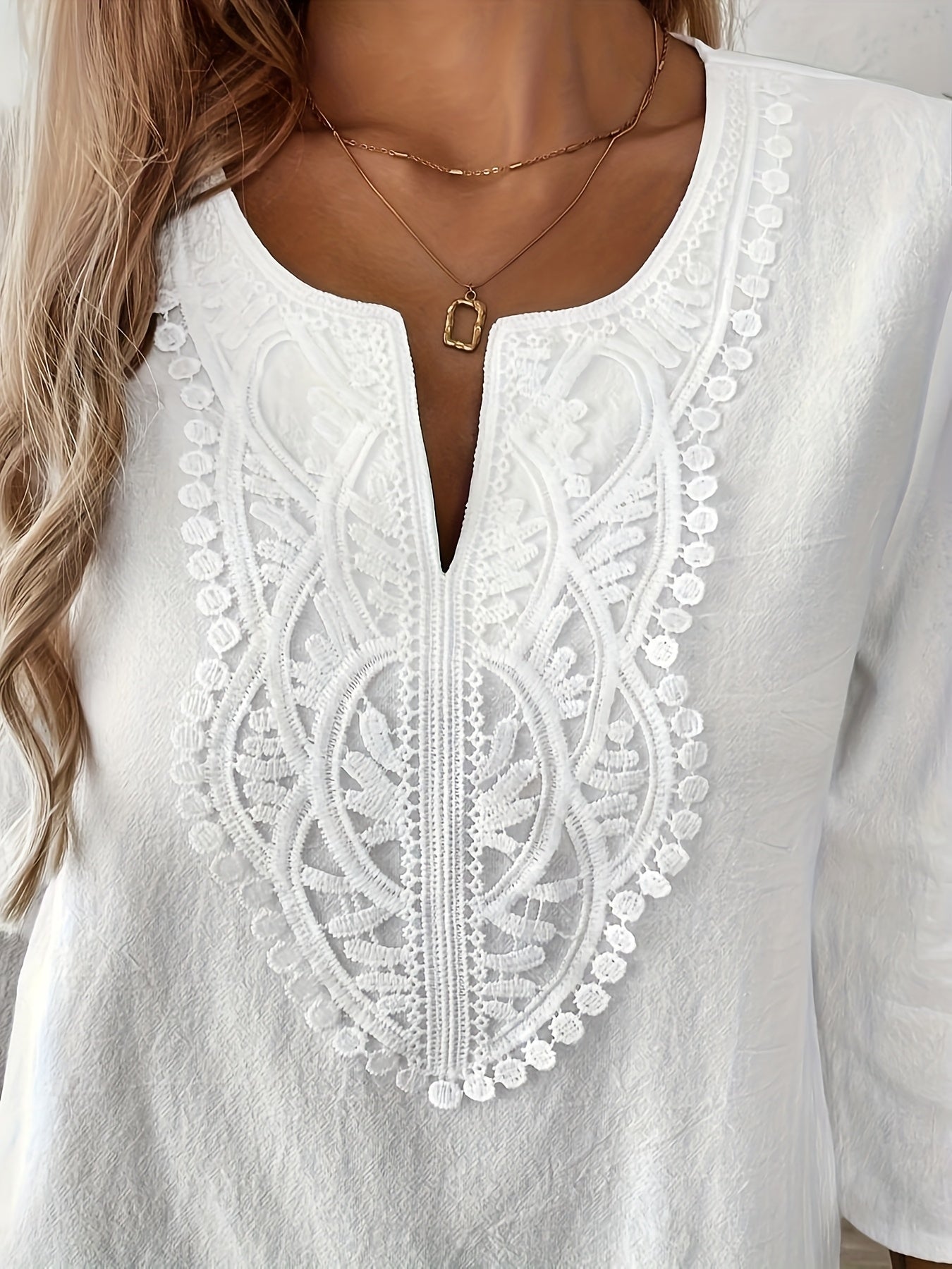 Damen Boho-Bluse mit Stickerei und 3/4-Ärmeln – Elegante Tunika für Alltag & Freizeit