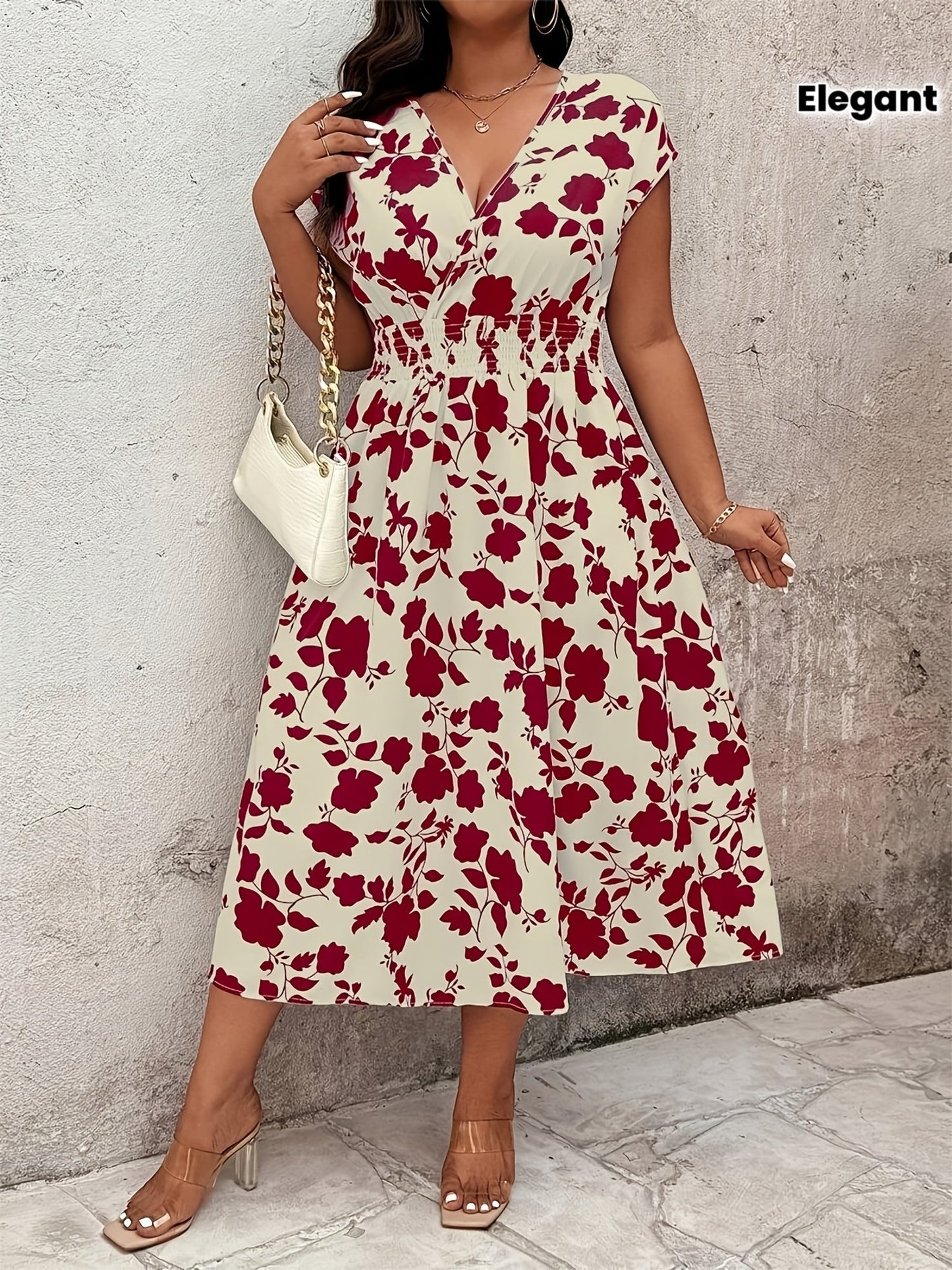 Abito midi elegante da donna con scollo a V e coulisse elastica – Perfetto per il tempo libero e l’estate