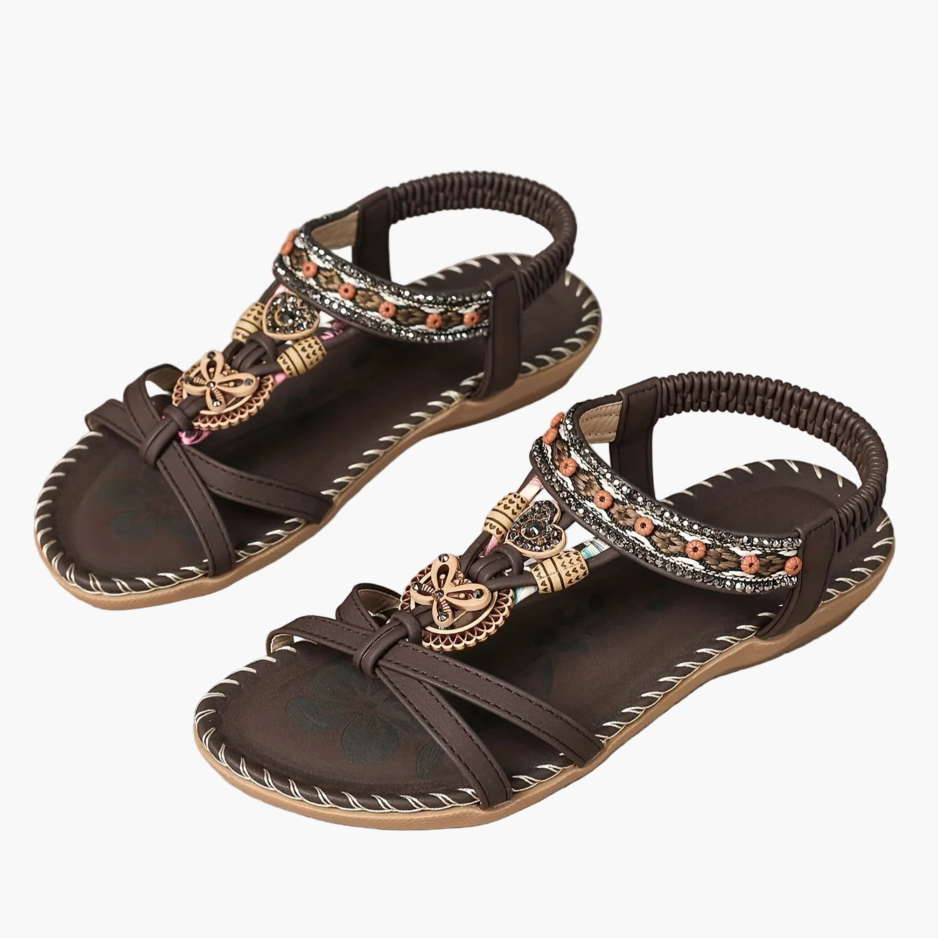 Sandalias bohemias para mujer con decoración étnica de perlas y plantilla cómoda – Tendencia de verano y ocio