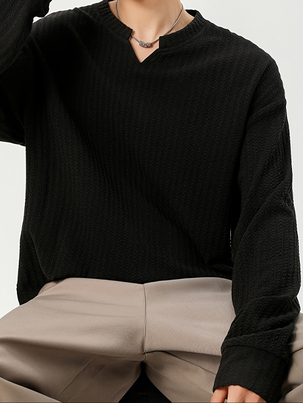 Herren Langarmshirt Henley Kragen Strukturmuster