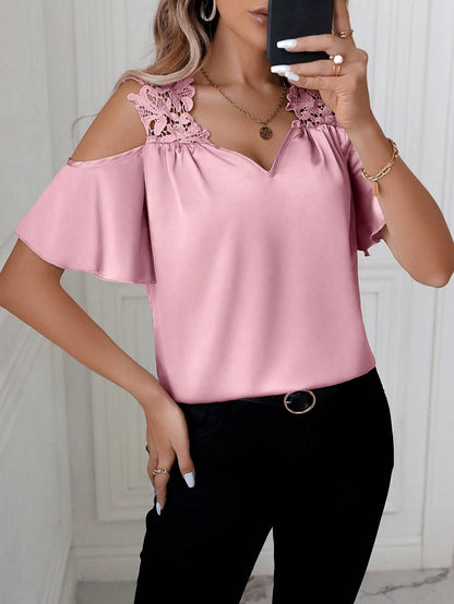 Damen Schulterfreie Bluse mit Spitzen-Detail und Flatterärmeln – Eleganter Alltags- und Ausgehstil