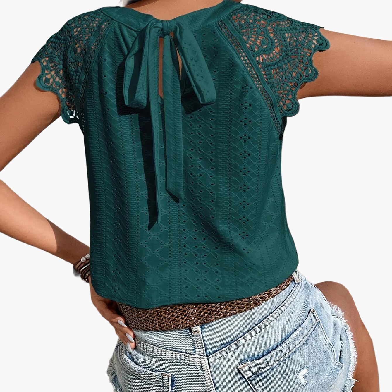 Damen Spitzenbluse mit Rückenschleife und Häkelärmeln – Sommer Casual Oberteil