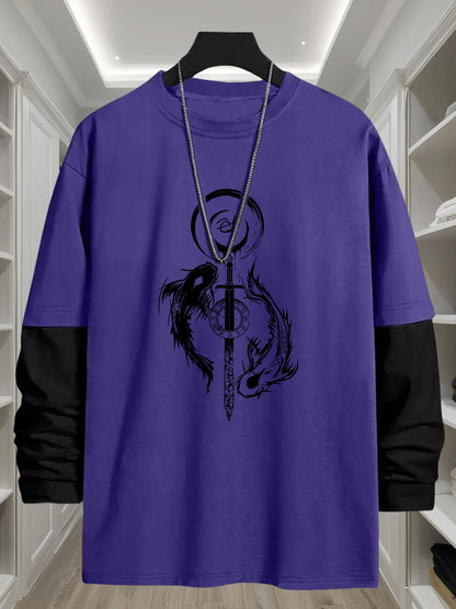 Unisex Langarm-T-Shirt mit Schwert- & Drachen-Print, Mehrfarbig