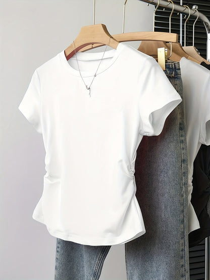 Damen Basic T-Shirt mit Rundhalsausschnitt und Raffung – Alltag & Freizeit