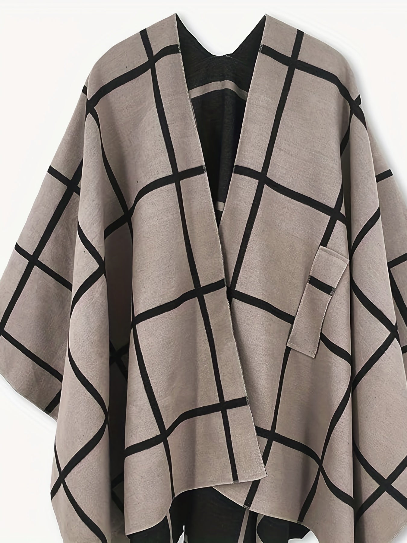 Poncho mit Karomuster und Bindegürtel, Beige Schwarz
