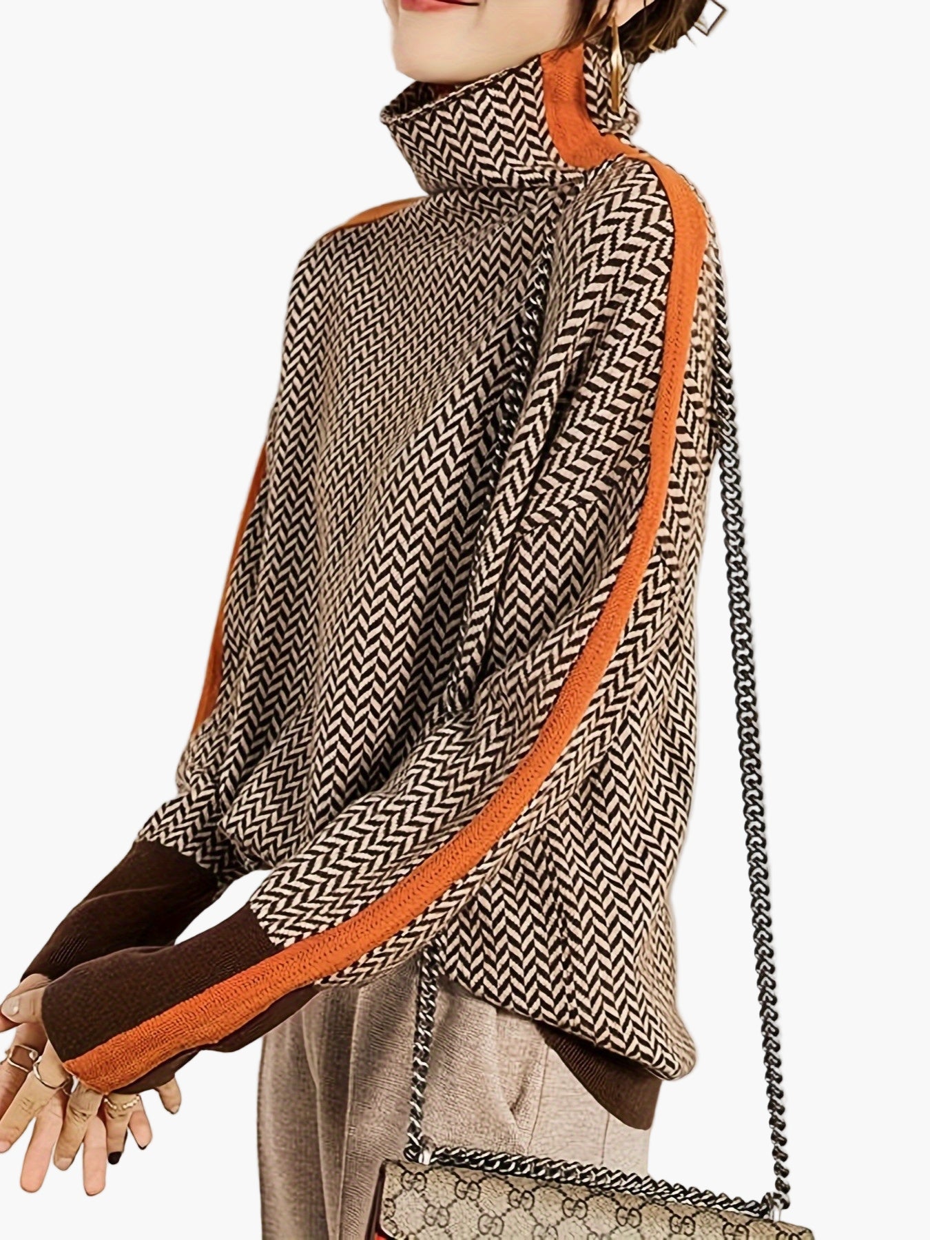 Dam Elegant patchwork stickad tröja med ståkrage – Moderiktig höst/vinter vardagslook