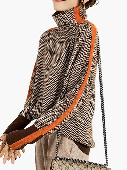 Dam Elegant patchwork stickad tröja med ståkrage – Moderiktig höst/vinter vardagslook