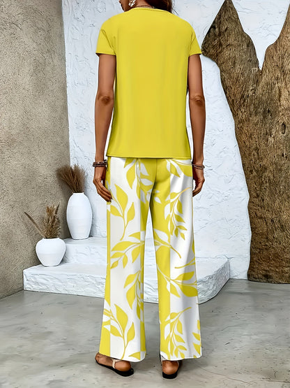 Damen Elegantes Sommer-Set mit Kurzarm-Shirt und weiter Hose, Freizeit-Outfit, Modernes Muster