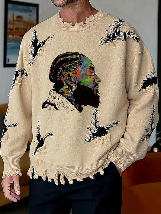 Beige herrepullover med rund hals, mønster og destroyed-effekt
