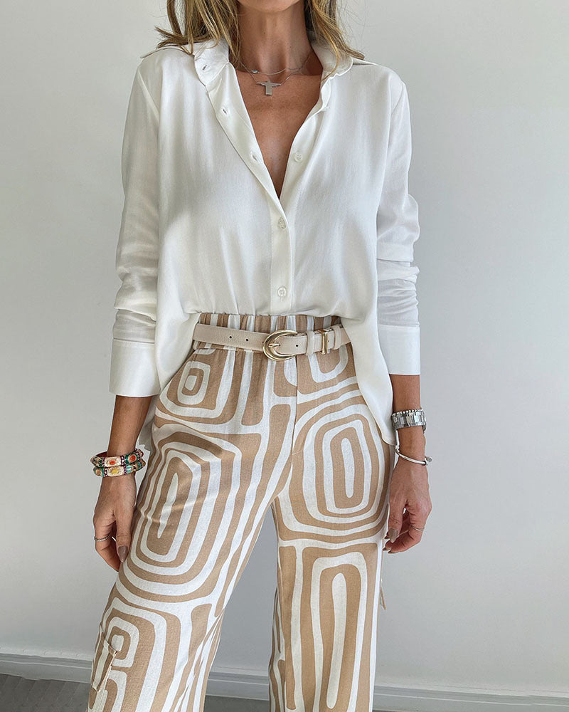 Shannon – Costume décontracté pour femme avec chemise à manches longues à col revers et pantalon à jambes larges