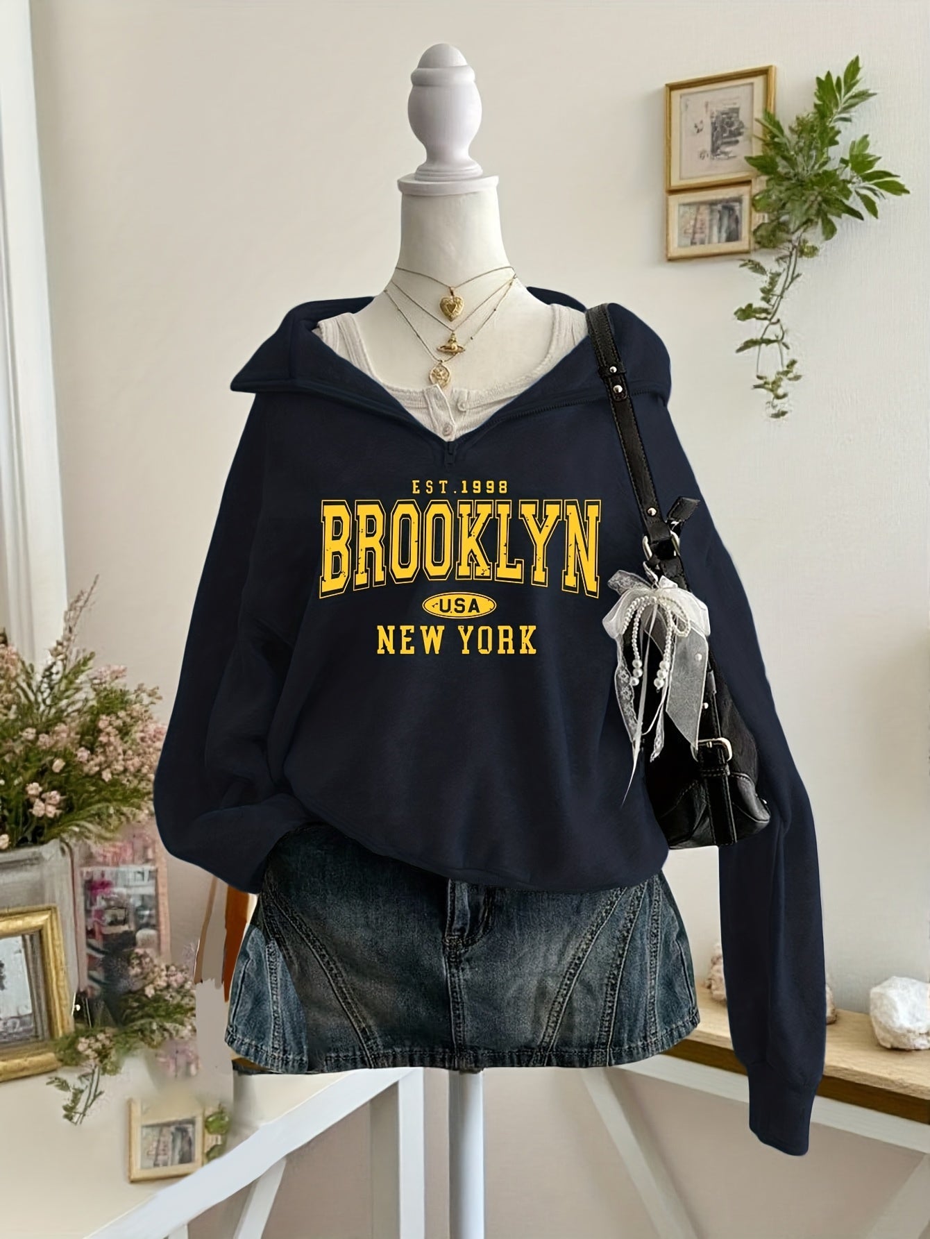 Felpa con cappuccio da donna, stampa Brooklyn, cerniera, collo alto, maniche lunghe, grigio, rosso, blu navy, nero